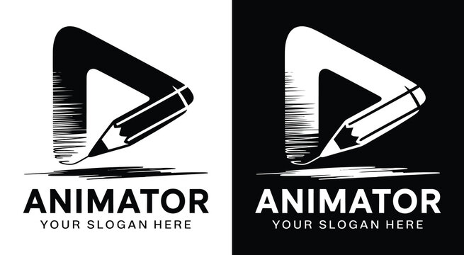 Dynamic play button and pencil logo for animators representing frame-by-frame creativity and engaging motion graphics