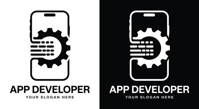 Modern phone and gear logo for app developers representing cutting-edge mobile solutions and technical craftsmanship