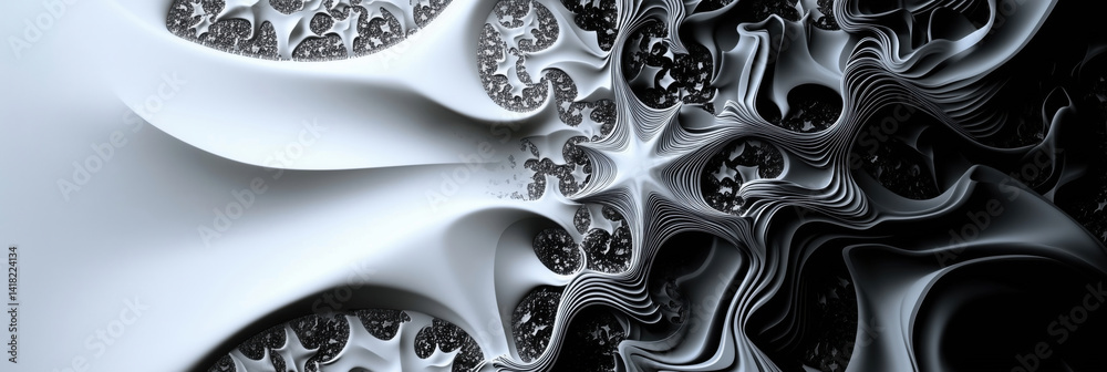 Poster abstract fractal design showcasing intricate patterns and textures in black and white, emphasizing f
