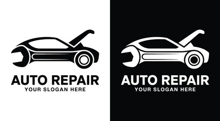 Professional wrench and car hood logo representing reliable vehicle diagnostics and precision mechanical repairs