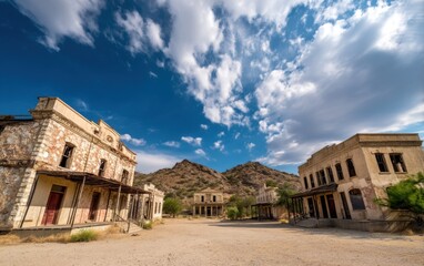 Aged beige buildings on cloudy street scene