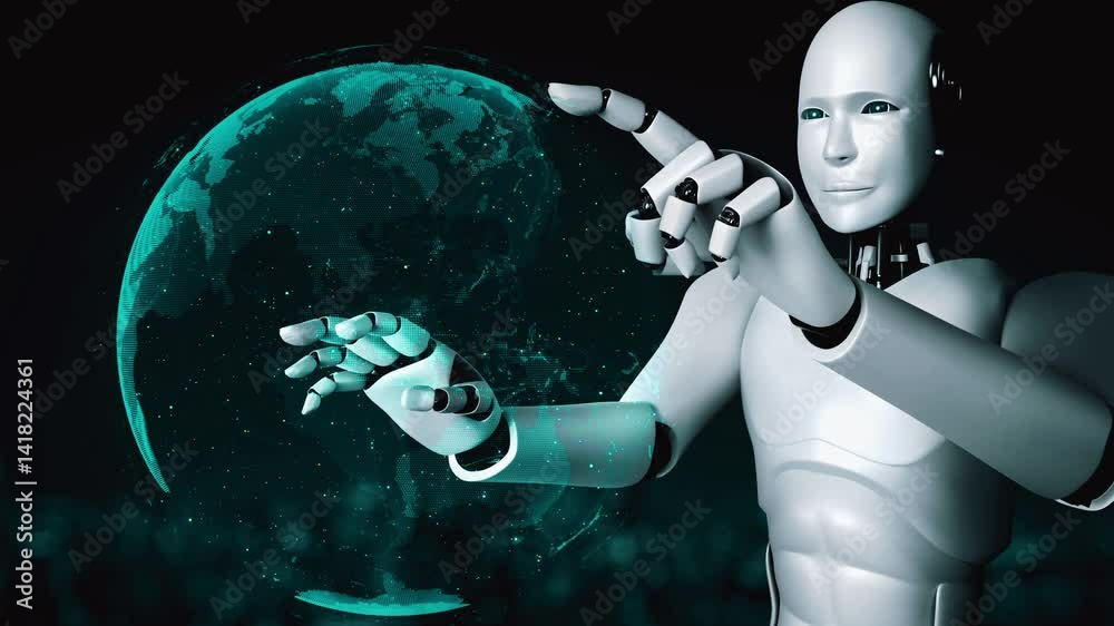 Poster ai hominoid robot touching virtual hologram screen showing concept of big data analytic using artifi