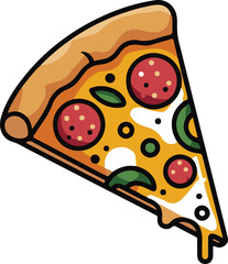 slice of cheesy pepperoni pizza icon silhouette, vector pizza slice with toppings, 