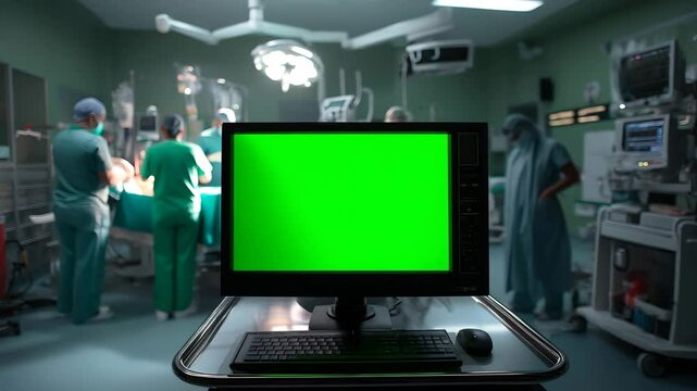 Green screen medical monitor in operating room with surgical team in background &ndash; perfect mockup for healthcare tech, medical software, and hospital presentations


