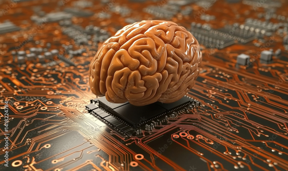 Poster brain on microchip surrounded by circuit board, symbolizing artificial intelligence and neural netwo