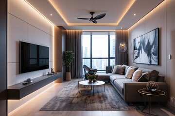 Fototapeta premium Sleek Contemporary Apartment Living Space with Innovative Recessed Lighting and Elegant LED Accents