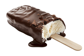A decadent chocolate-covered ice cream bar, partially bitten, revealing creamy vanilla ice cream and chocolate shavings, with rich dark chocolate dripping down the sides.