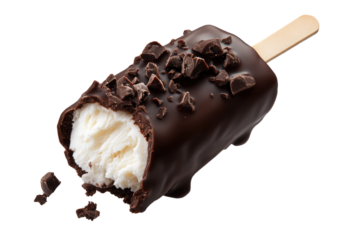 A decadent chocolate-covered ice cream bar, a tempting summer treat with rich dark chocolate and creamy vanilla ice cream, finished with crunchy chocolate chips and a wooden stick.