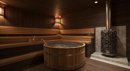 Wooden Sauna Relaxation with Hot Tub - Luxurious sauna experience, featuring a wooden hot tub, relaxation, warmth, tranquility, and rejuvenation