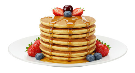 Isolated Stack of Pancakes with Syrup Strawberries and Blueberries