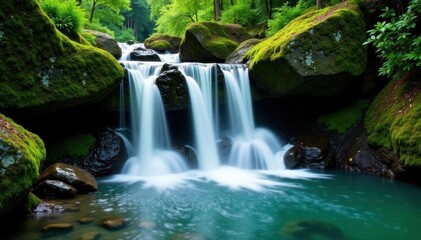 Serene waterfall cascading over moss-covered rocks , vibrant, fine art, vibrant