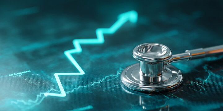 Close-up of stethoscope on teal financial graph, upward trend line, showcasing healthcare investment growth,  medical technology, or market analysis