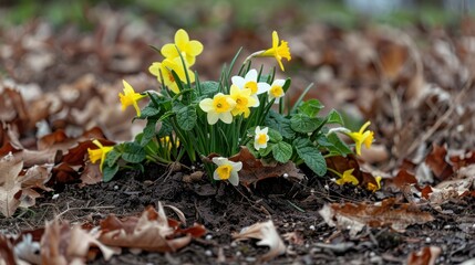 Obraz premium Spring Daffodils in Garden: Yellow and White Narcissus Blooming in Soil