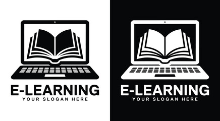 Bold black logo with a laptop and book icon designed for e-learning platforms online education providers and knowledge-sharing businesses and services