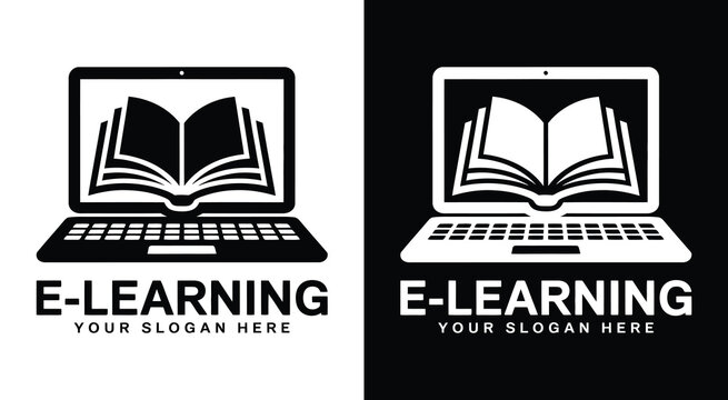 Bold black logo with a laptop and book icon designed for e-learning platforms online education providers and knowledge-sharing businesses and services