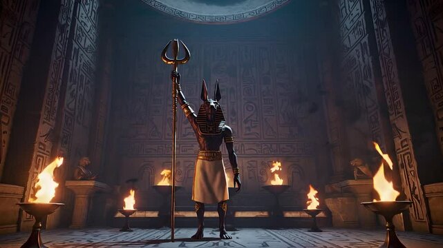 Mystical Anubis in a Chamber Surrounded by Candles and Artifacts