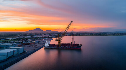 Fototapeta premium Sunset Over Harbor Port City Aerial View