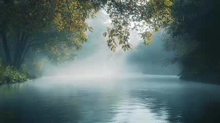 Serene Autumn River Mist Peaceful Nature Scene Tranquil Water Landscape Misty Morning Foggy Woods Picturesque Fall Scenery Beautiful Calm Riverbank   