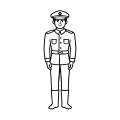 Obraz premium Vector Illustration Of A Smiling Military Officer Standing At Attention In Outline Style Wearing Uniform And Boots For Design Elements