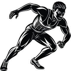 Muscular Male Sprinter in Running Stance Black and White Illustration
