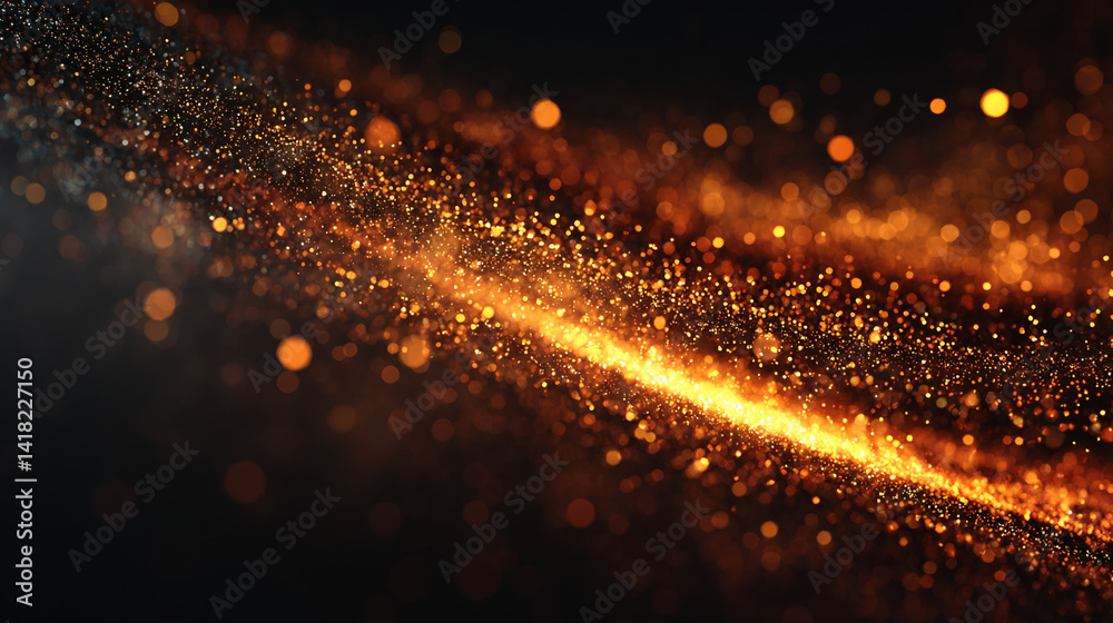 Poster abstract image of golden and orange glitter particles, creating a sparkling, flowing effect on dark 