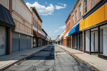 Fototapeta premium Isolated Retail Street Depicting Storefront Closures and Vacant Buildings Amid Economic Downturn