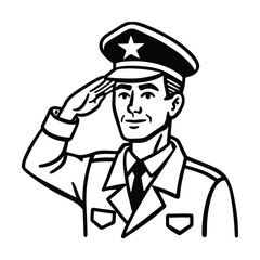 Black And White Line Art Illustration Of A Military Officer Saluting Respectfully With Starred Hat And Clean Lines