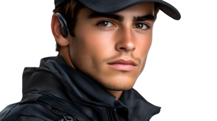 Closeup portrait of a young man wearing a black cap and jacket with a wireless earpiece