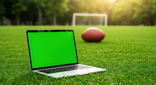 silver laptop with green screen on grass with a football and goal post in background, ideal for demonstrating remote work and digital access on vacation time or during outdoor activities. - Powered by Adobe