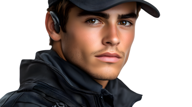 Closeup portrait of a young man wearing a black cap and jacket with a wireless earpiece