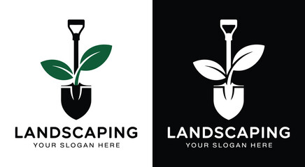 Professional shovel and leaf logo for landscapers representing garden transformations and sustainable outdoor designs