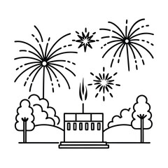 Minimalist Illustration Of Fireworks Over A Landmark Building Surrounded By Trees In Black And White Style