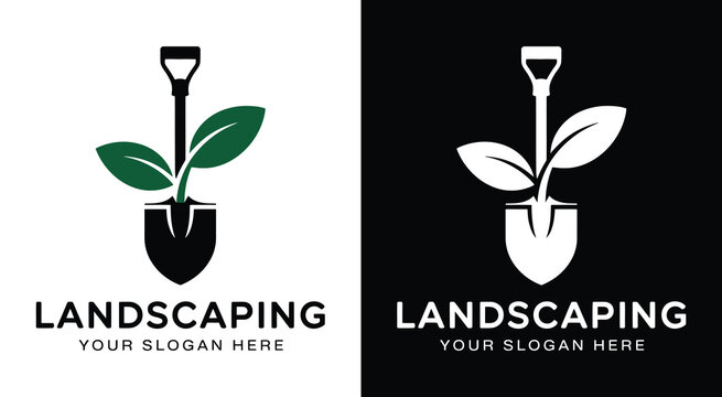 Professional shovel and leaf logo for landscapers representing garden transformations and sustainable outdoor designs