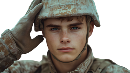 Closeup portrait of a young soldier in camouflage uniform