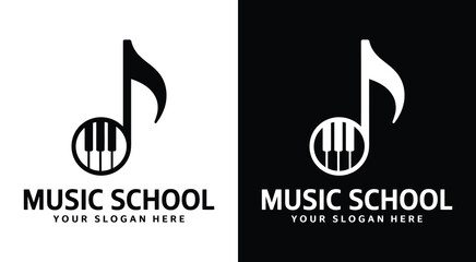 Elegant musical note and piano key logo for music academies representing comprehensive instruction and artistic development © VectEdge