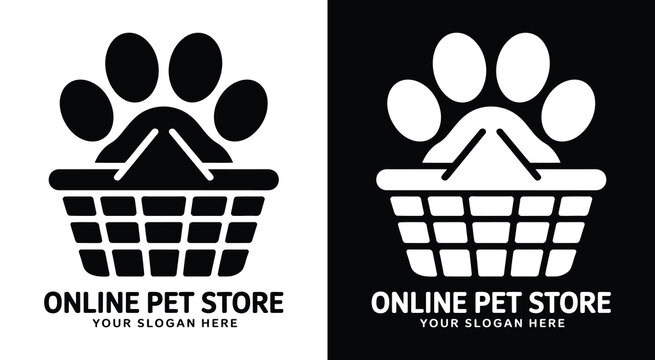 Playful paw and shopping basket logo for pet supply stores representing convenient delivery of quality pet care essentials