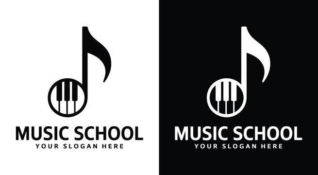 Elegant musical note and piano key logo for music academies representing comprehensive instruction and artistic development