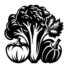 Silhouette Still Life of Broccoli Celery Parsley and Two Pumpkins
