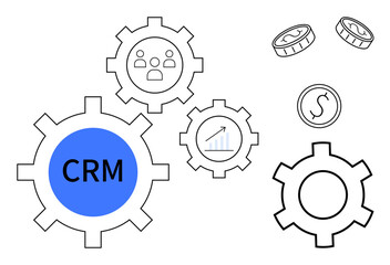 Gears displaying CRM, teamwork icon, analytics graph, and financial coins highlight system integration, productivity, and growth. Ideal for business strategy, sales, customer relationship analytics
