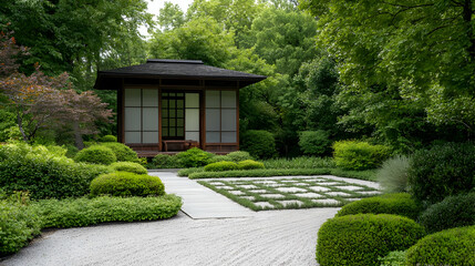 Obraz premium Peaceful Japanese Garden With Wooden Pavilion