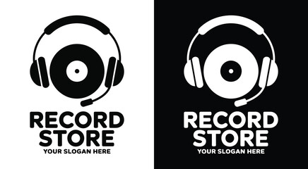 Classic vinyl record and headphone logo for music shops offering curated albums and premium listening accessories