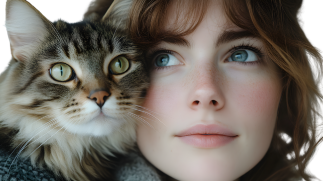 Closeup portrait of a young woman and her cat