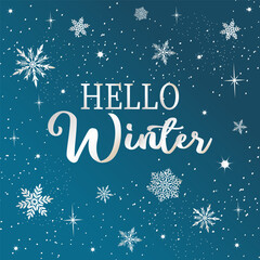 Winter in vector illustration.Vector illustration with text, snowflakes, stars and snow on blue background.