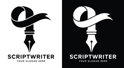 Classic scroll and fountain pen logo for screenwriters representing powerful storytelling and character-driven scripts © VectEdge