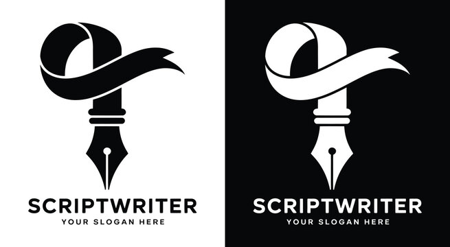 Classic scroll and fountain pen logo for screenwriters representing powerful storytelling and character-driven scripts