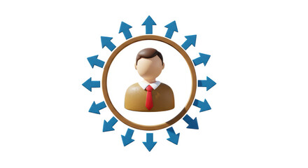 Isolated 3D Man Figure Surrounded Arrows
