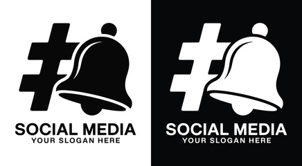 Dynamic hashtag and bell logo for social media managers representing real-time engagement and notification-driven marketing