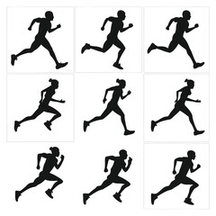 Nine Silhouettes of Runners in Motion  Male and Female Sprinters