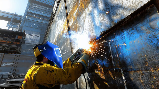 Industrial worker welding metal using blowtorch in factory