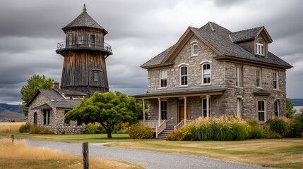 Fototapeta premium A charming old stone house next to a dark weathered water tower on a cloudy day
